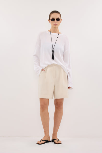 Stas wearing SOLENE CREAM BERMUDA SHORT