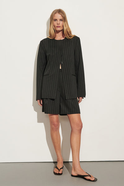Zoe wearing SIAN BLACK PINSTRIPE BERMUDA SHORT