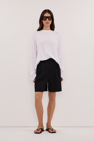 Helena  wearing SIAN BLACK PINSTRIPE BERMUDA SHORT