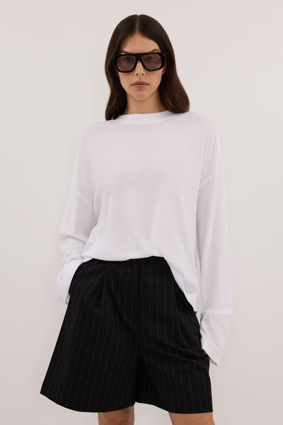 Helena  wearing SIAN BLACK PINSTRIPE BERMUDA SHORT