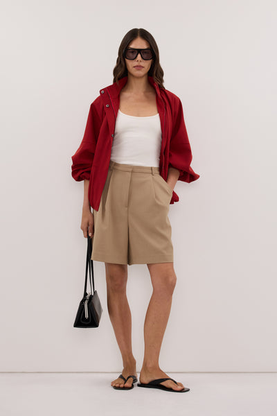 Helena  wearing HALINA WHEAT TAILORED BERMUDA SHORT - PRE ORDER
