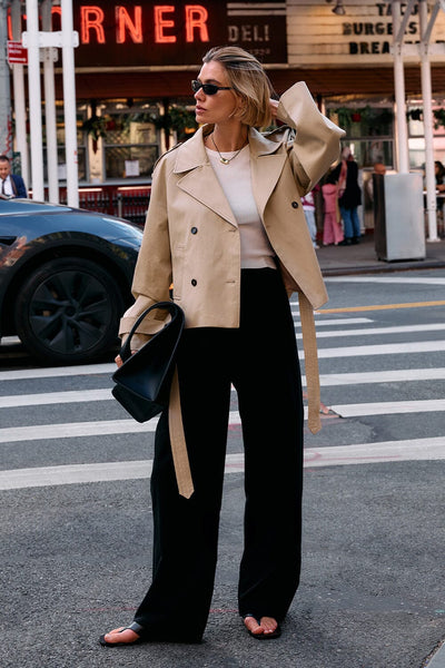 Joanna wearing EDEN BLACK TAILORED PANT