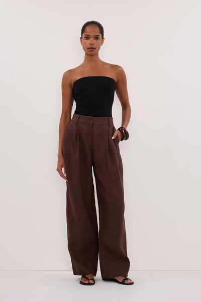 Kristen wearing FRAN COCOA CHOC LINEN PANT