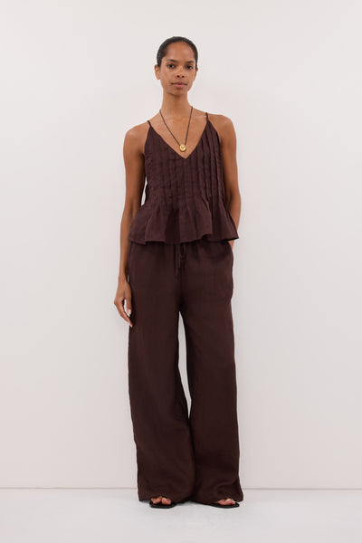Kristen wearing GINNY BURNT CHOC RAMIE PANT