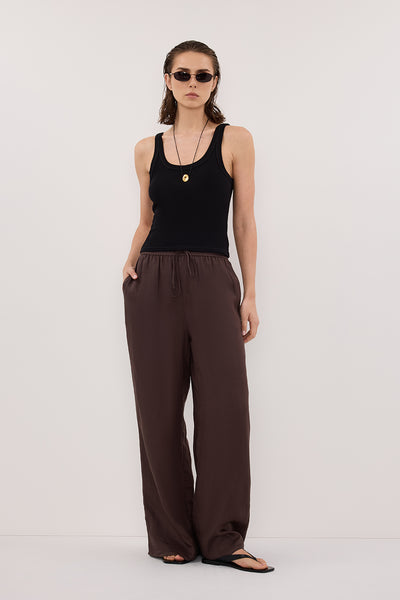 Stas wearing GINNY DARK CHOC RAMIE PANT