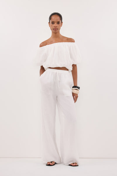 Kristen wearing GINNY WHITE RAMIE PANT