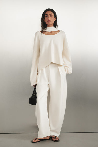 Anaya  wearing ROMY CREAM BARREL LEG TAILORED PANT