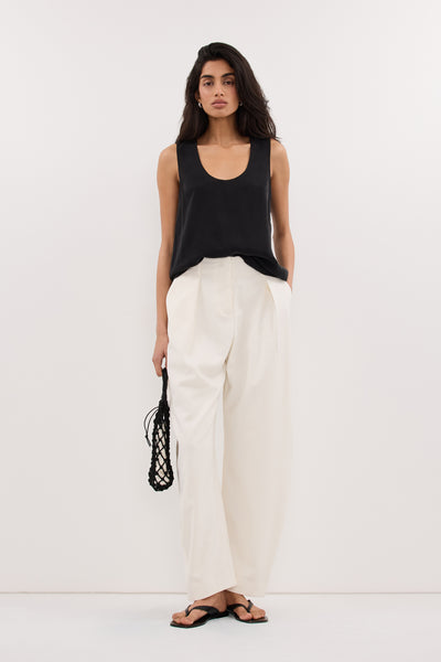 Anaya  wearing ROMY CREAM BARREL LEG TAILORED PANT