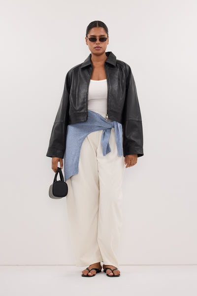 Amanda wearing ROMY CREAM BARREL LEG TAILORED PANT