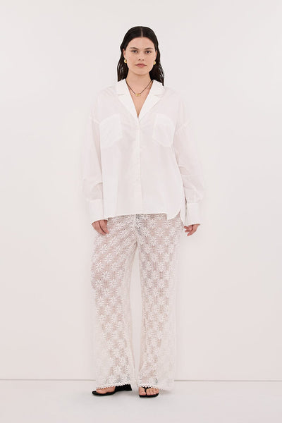 Jasmine wearing AGNES WHITE CROCHET WIDE LEG PANT