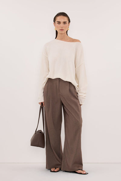 Stas wearing HAILEY CHOC STRIPE RELAXED PANT