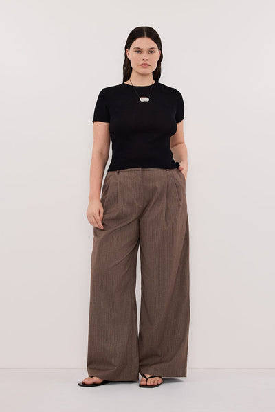 Jasmine wearing HAILEY CHOC STRIPE RELAXED PANT