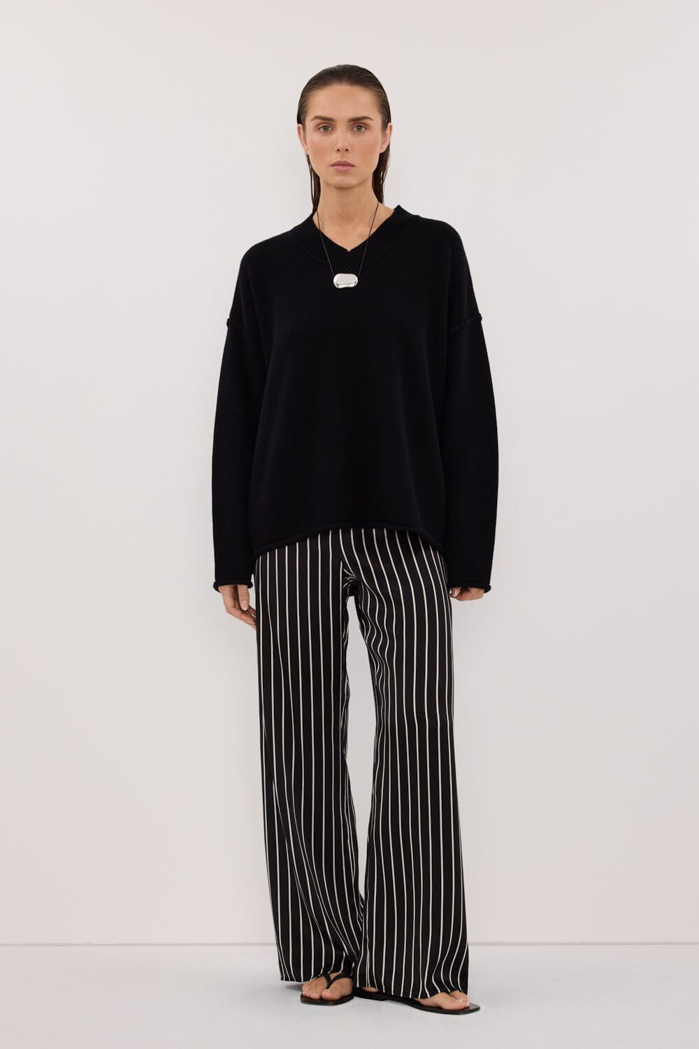 ADRIENNE BLACK STRIPE SILK PANT
