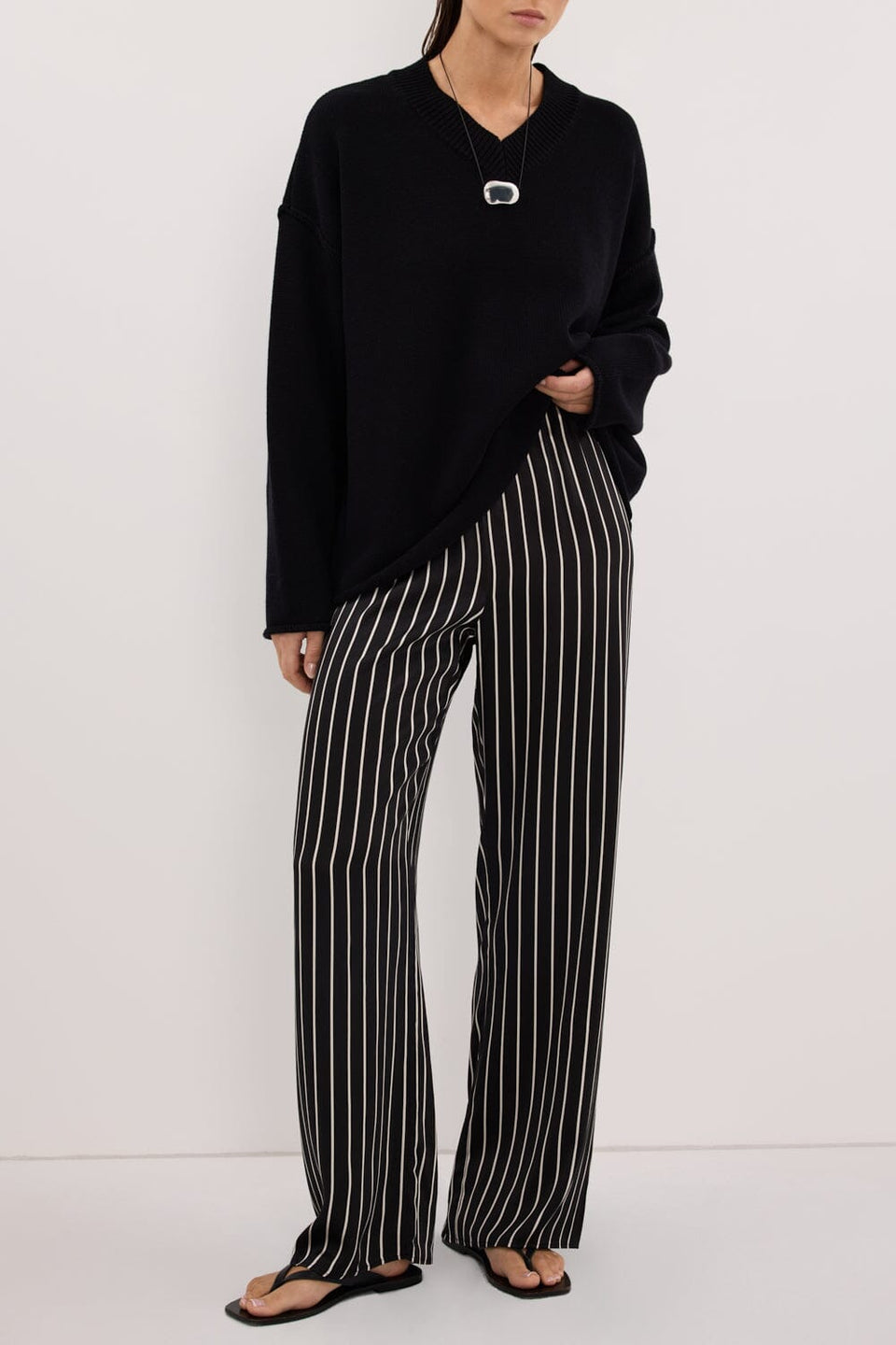 ADRIENNE BLACK STRIPE SILK PANT