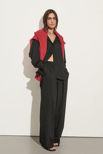 Sofia wearing SIAN BLACK STRIPE TAILORED WIDE PANT
