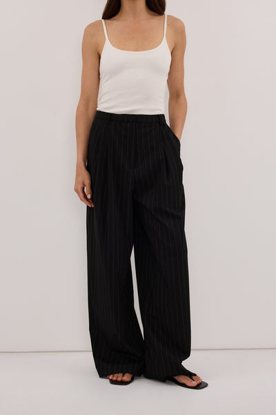Helena  wearing SIAN BLACK STRIPE TAILORED WIDE PANT