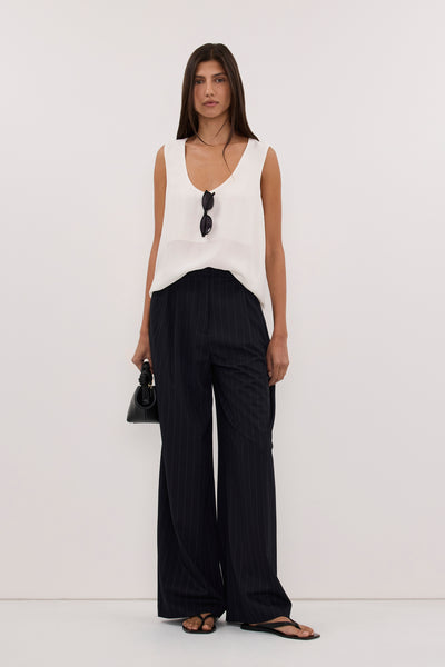 Aude wearing SIAN INK STRIPE TAILORED WIDE PANT