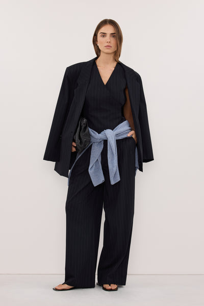Stas wearing SIAN INK STRIPE TAILORED WIDE PANT