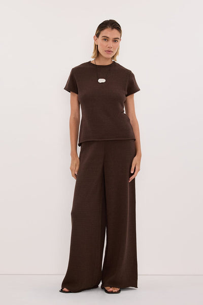 Joanna wearing ORIA BURNT CHOC COTTON KNIT PANT