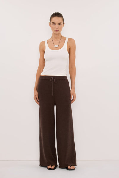 Stas wearing ORIA BURNT CHOC COTTON KNIT PANT