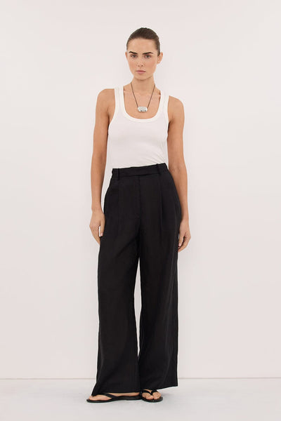 Stas wearing EASTON BLACK WIDE LEG LINEN PANT