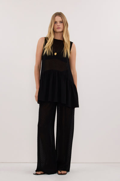 Zoe wearing SALINA BLACK DOT PANT
