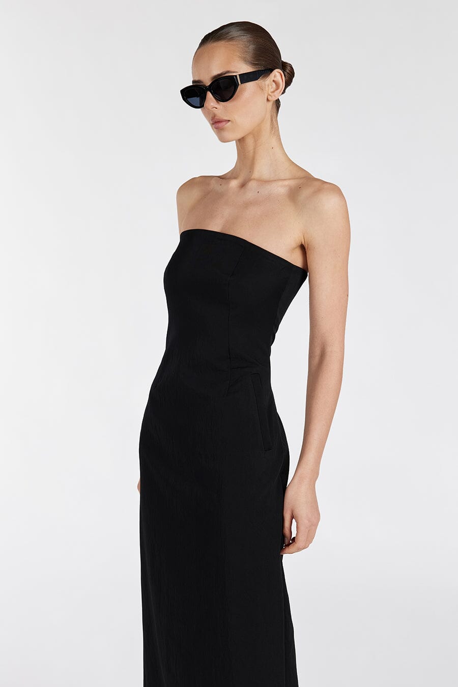 OPAL BLACK STRAPLESS MIDI DRESS Clothing DISSH Boutiques 