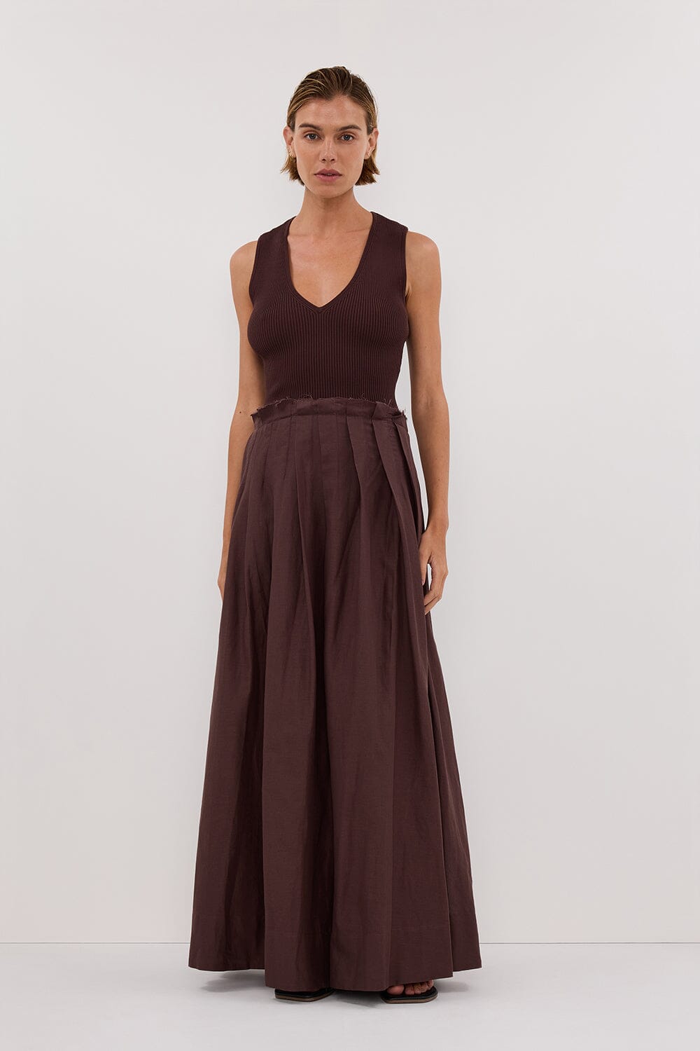 HOLLY BITTER CHOC HYBRID MIDI DRESS Clothing DISSH Boutiques 6 BITTER CHOCOLATE 