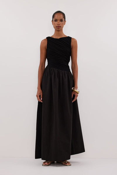 Kristen wearing ALEXANDRA BLACK HYBRID MIDI DRESS