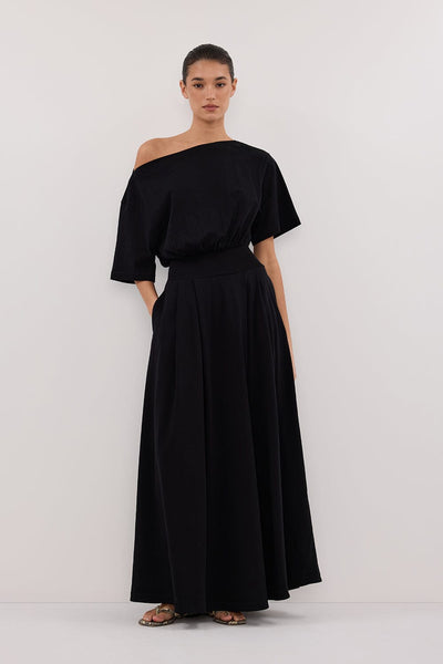 Aude wearing ESME BLACK ASYM MAXI DRESS