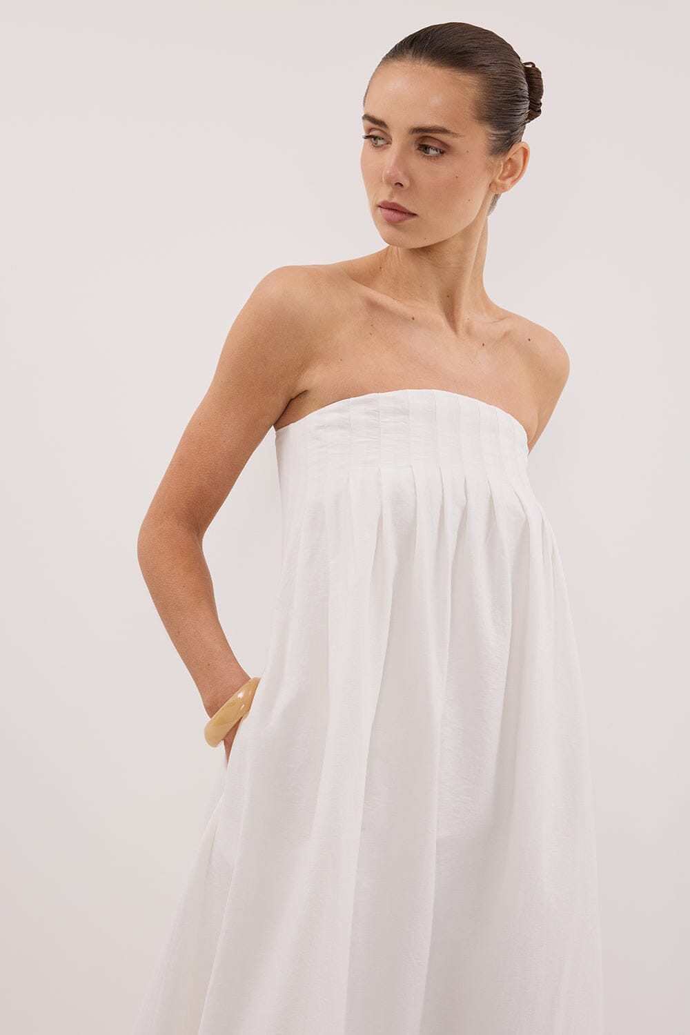 MORGAN WHITE STRAPLESS MIDI DRESS Clothing DISSH Boutiques 