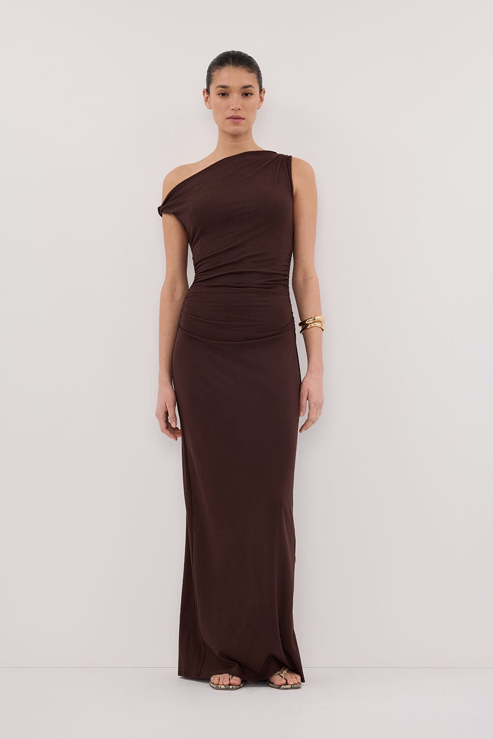 INEZ CHOC ASYM KNIT MIDI DRESS Clothing DISSH Boutiques XS CHOCOLATE 
