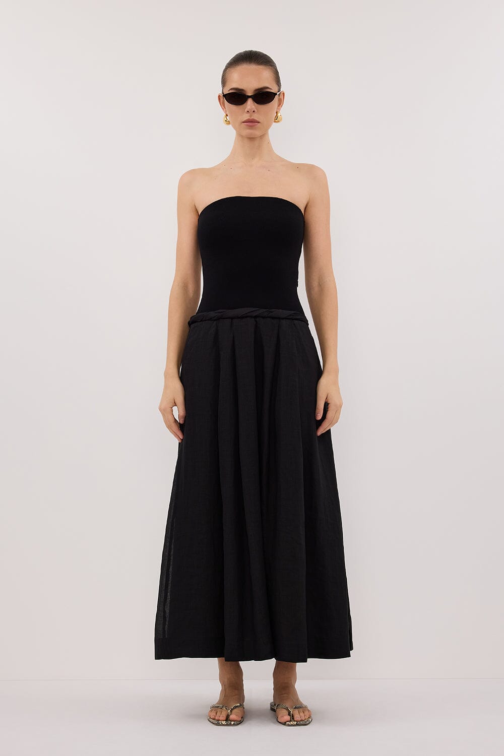 COCO BLACK STRAPLESS HYBRID MIDI DRESS Clothing DISSH Boutiques 