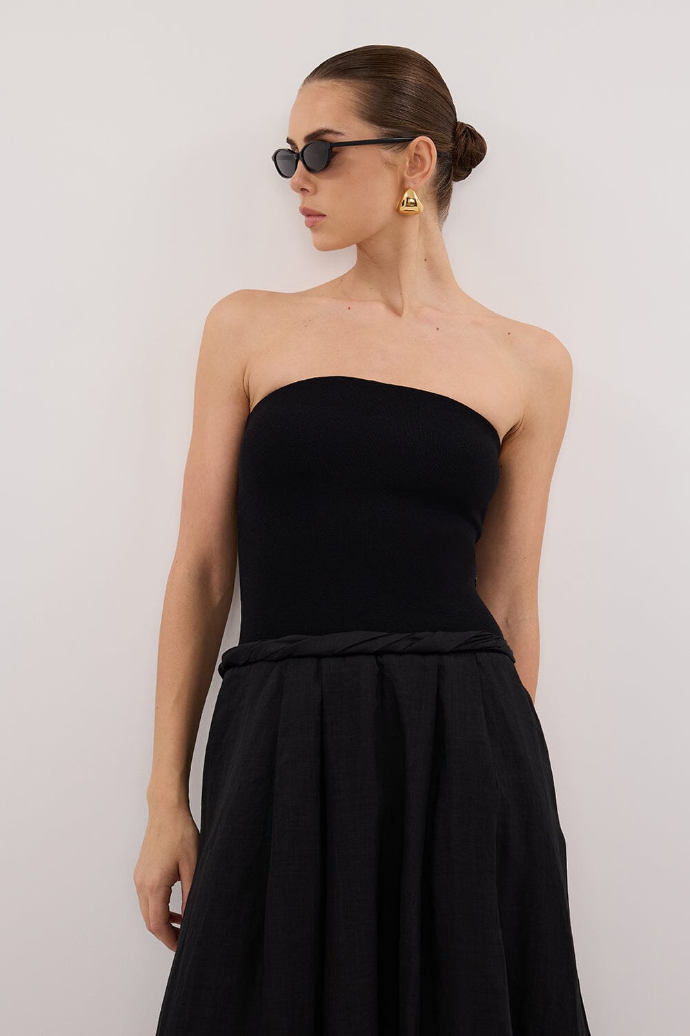 COCO BLACK STRAPLESS HYBRID MIDI DRESS Clothing DISSH Boutiques 