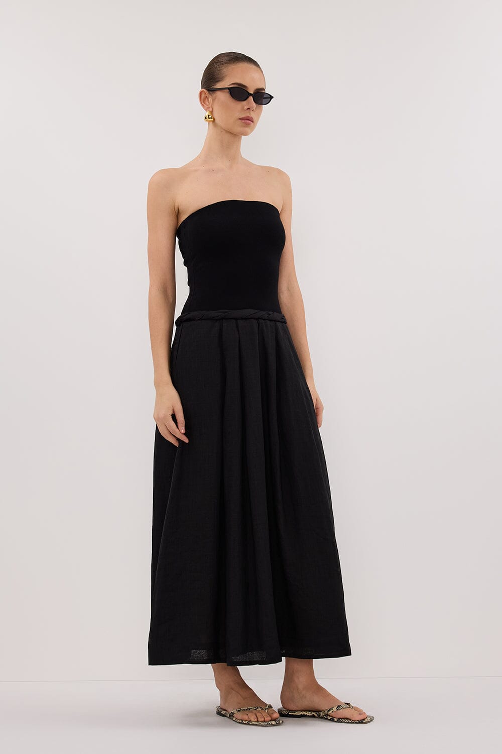 COCO BLACK STRAPLESS HYBRID MIDI DRESS Clothing DISSH Boutiques 
