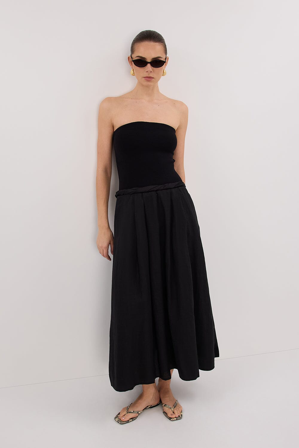 COCO BLACK STRAPLESS HYBRID MIDI DRESS Clothing DISSH Boutiques 