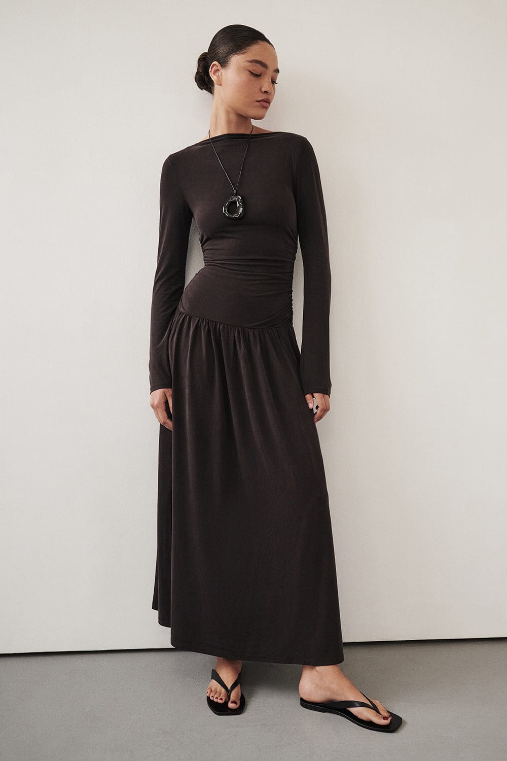 MEG BURNT CHOC LONG SLEEVE MIDI DRESS Clothing DISSH Boutiques XS BURNT CHOC 