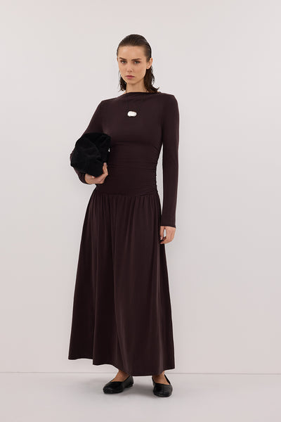 Stas wearing MEG BURNT CHOC LONG SLEEVE KNIT MIDI DRESS