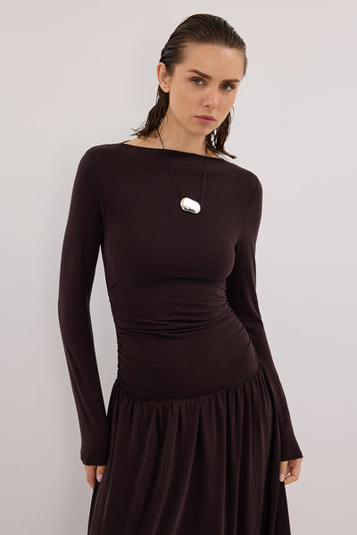 Carol wearing MEG BURNT CHOC LONG SLEEVE KNIT MIDI DRESS