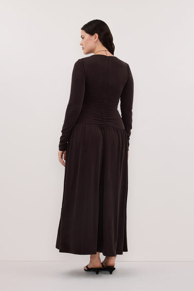 Jasmine wearing MEG BURNT CHOC LONG SLEEVE KNIT MIDI DRESS