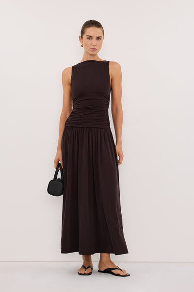 Stas wearing MEG BURNT CHOC SLEEVELESS KNIT MIDI DRESS