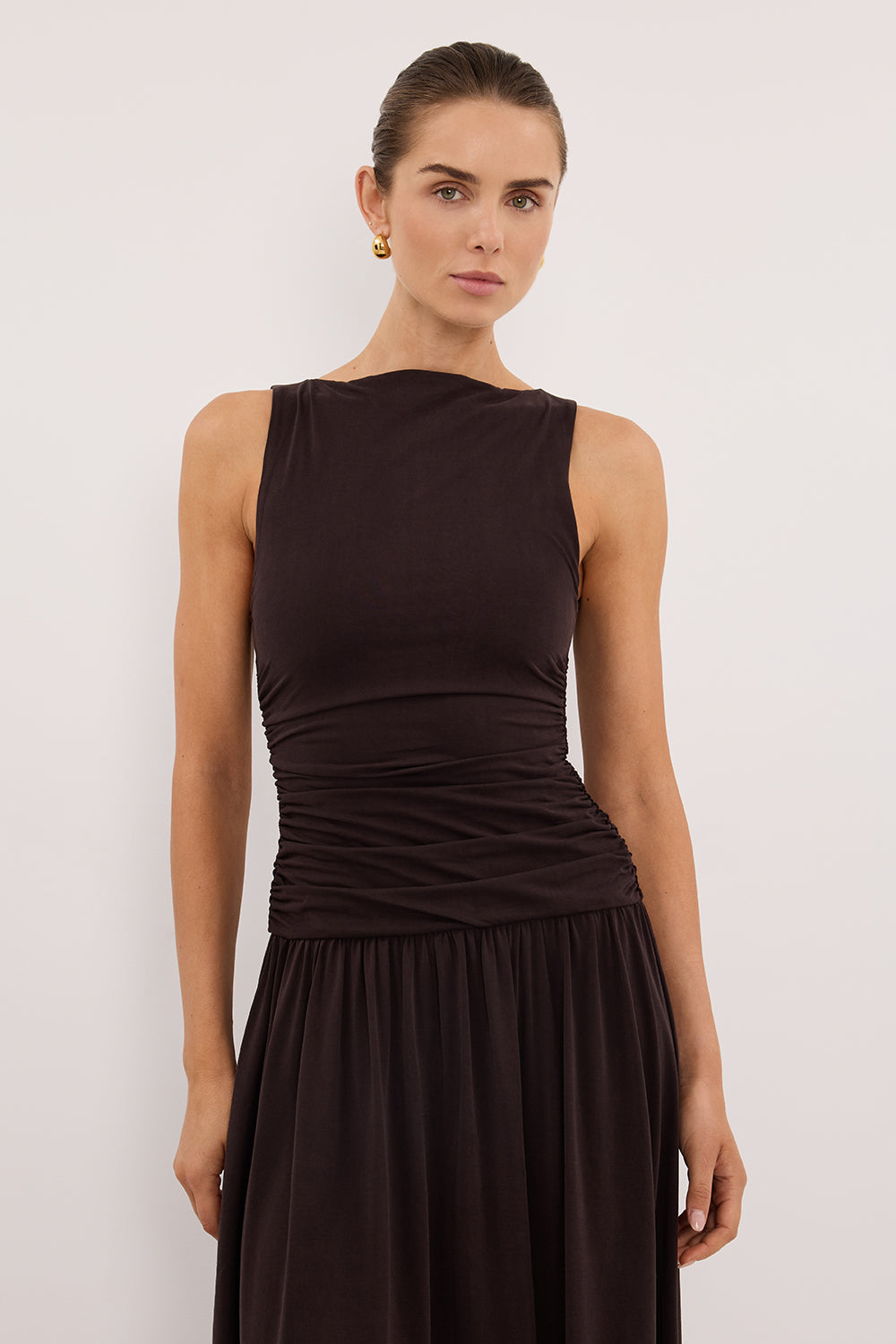 MEG BURNT CHOC SLEEVELESS KNIT MIDI DRESS