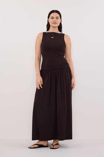 Jasmine wearing MEG BURNT CHOC SLEEVELESS KNIT MIDI DRESS