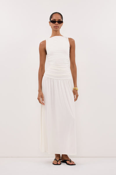Kristen wearing MEG OFF WHITE SLEEVELESS KNIT MIDI DRESS