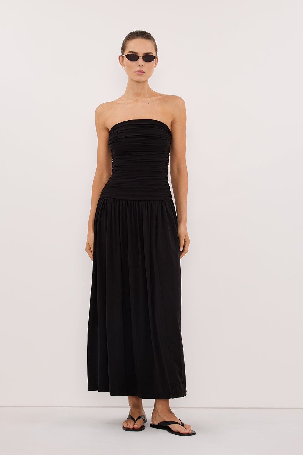 SHARI BLACK STRAPLESS BANDEAU MIDI DRESS
