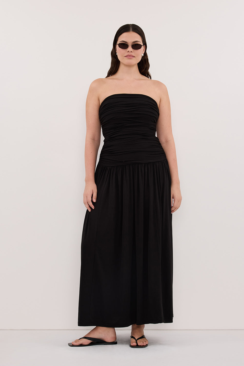 SHARI BLACK STRAPLESS BANDEAU MIDI DRESS