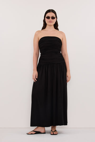 Jasmine wearing SHARI BLACK STRAPLESS BANDEAU MIDI DRESS