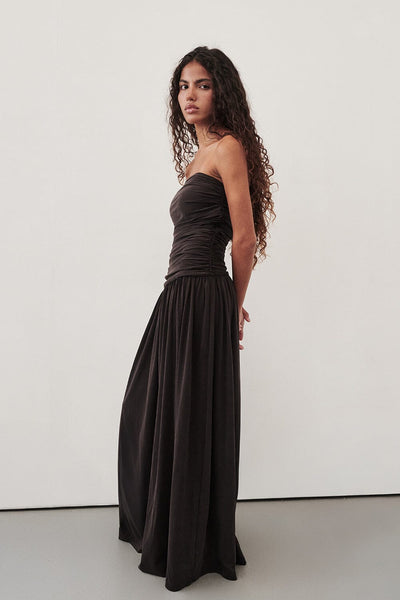 Keilani wearing SHARI BURNT CHOC STRAPLESS BANDEAU MIDI DRESS