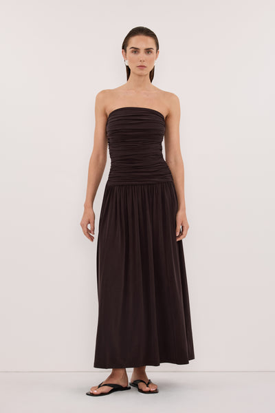 Stas wearing SHARI BURNT CHOC STRAPLESS BANDEAU MIDI DRESS