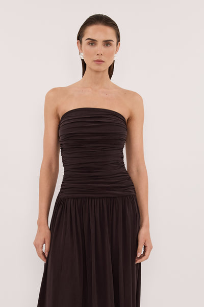 Stas wearing SHARI BURNT CHOC STRAPLESS BANDEAU MIDI DRESS